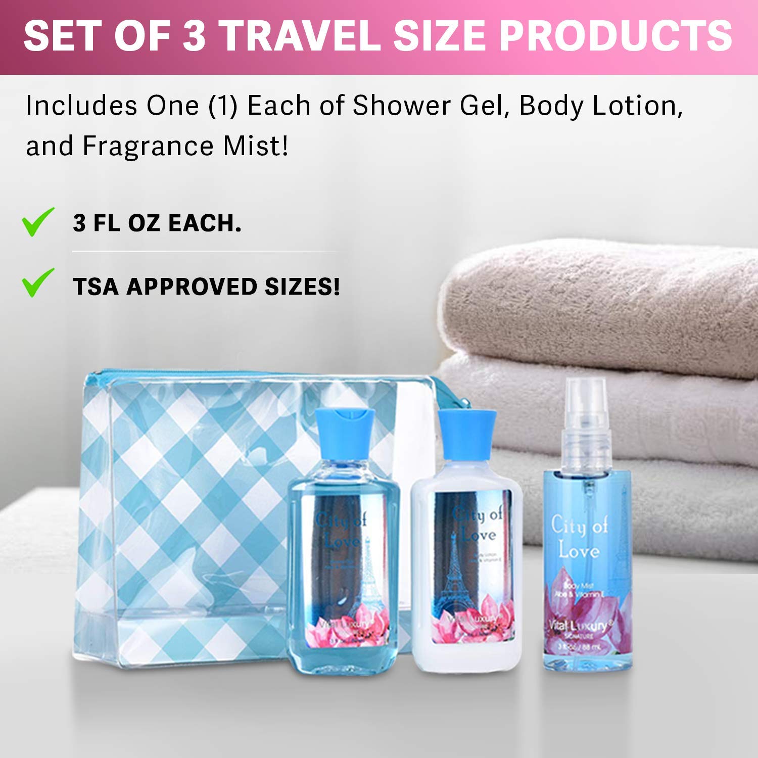Vital Luxury Bath & Body Travel Set – City of Love: Shower Gel, Lotion, Mist