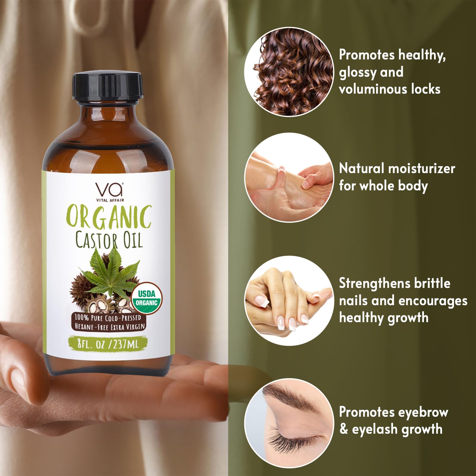 VITAL AFFAIR Castor Oil – Organic Cold-Pressed, Glass Bottle, 8 oz for Hair, Skin, Lashes & Nails
