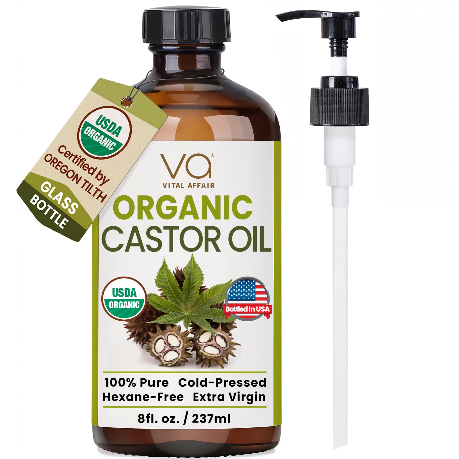 VITAL AFFAIR Castor Oil – Organic Cold-Pressed, Glass Bottle, 8 oz for Hair, Skin, Lashes & Nails