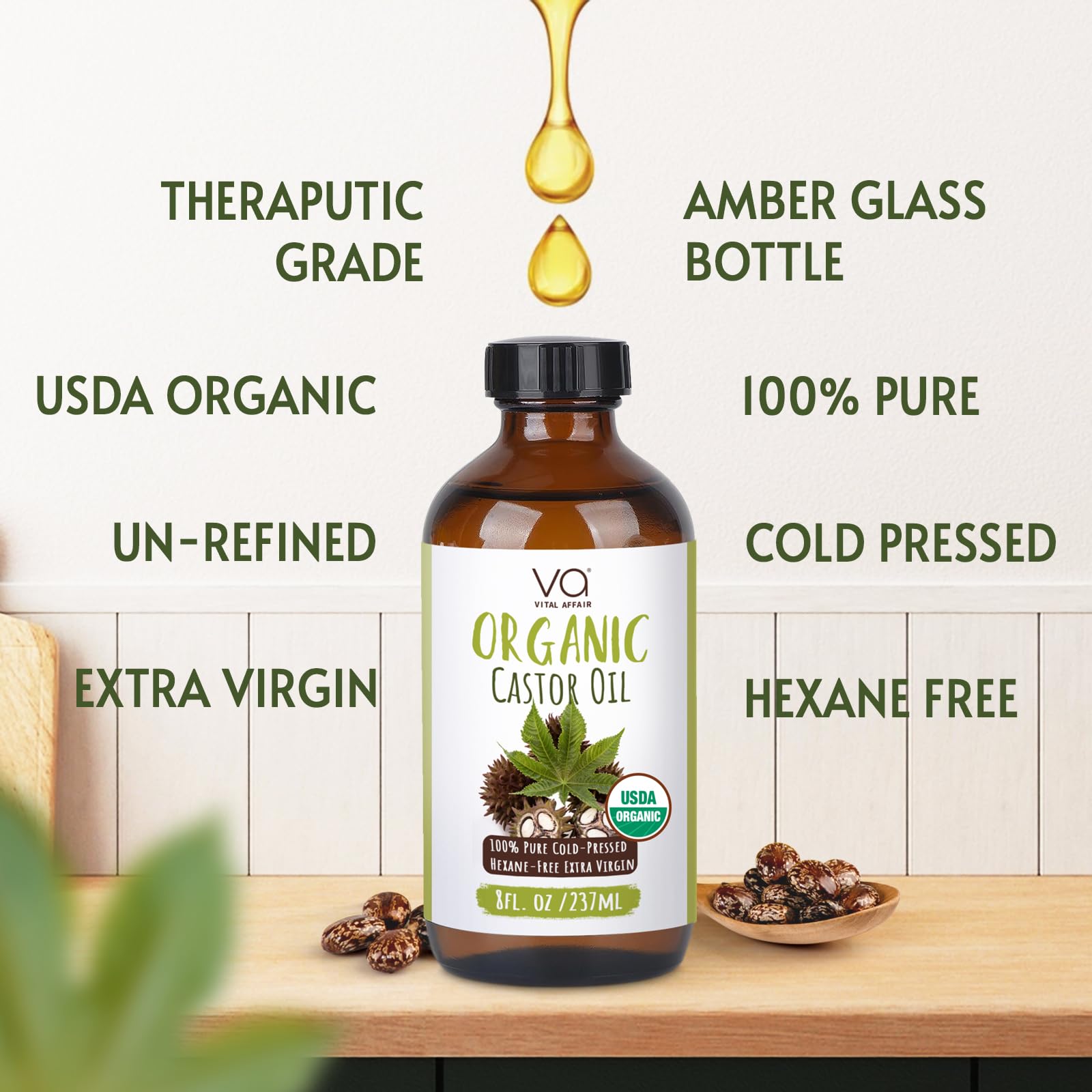 VITAL AFFAIR Castor Oil – Organic Cold-Pressed, Glass Bottle, 8 oz for Hair, Skin, Lashes & Nails