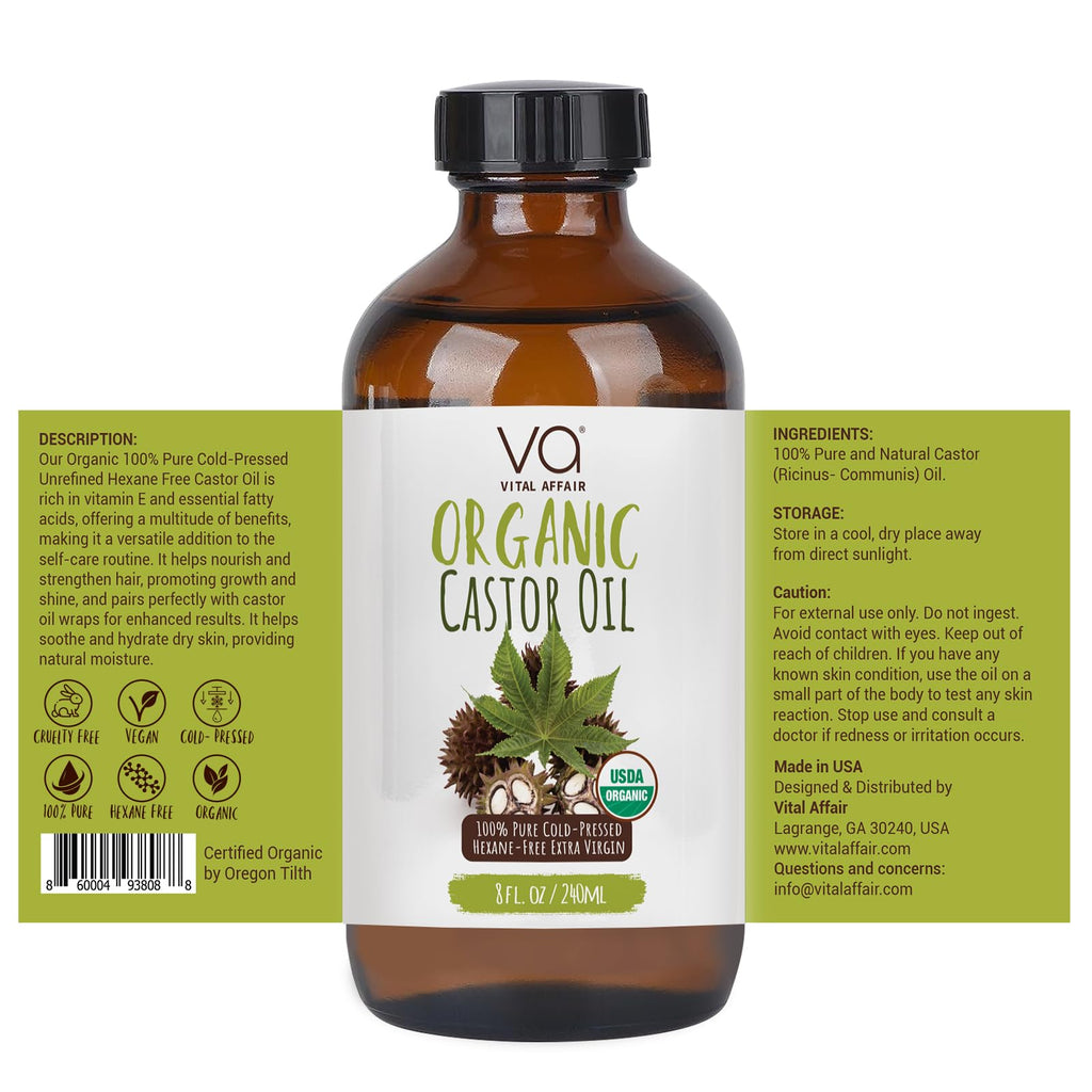 VITAL AFFAIR Castor Oil – Organic Cold-Pressed, Glass Bottle, 8 oz for Hair, Skin, Lashes & Nails