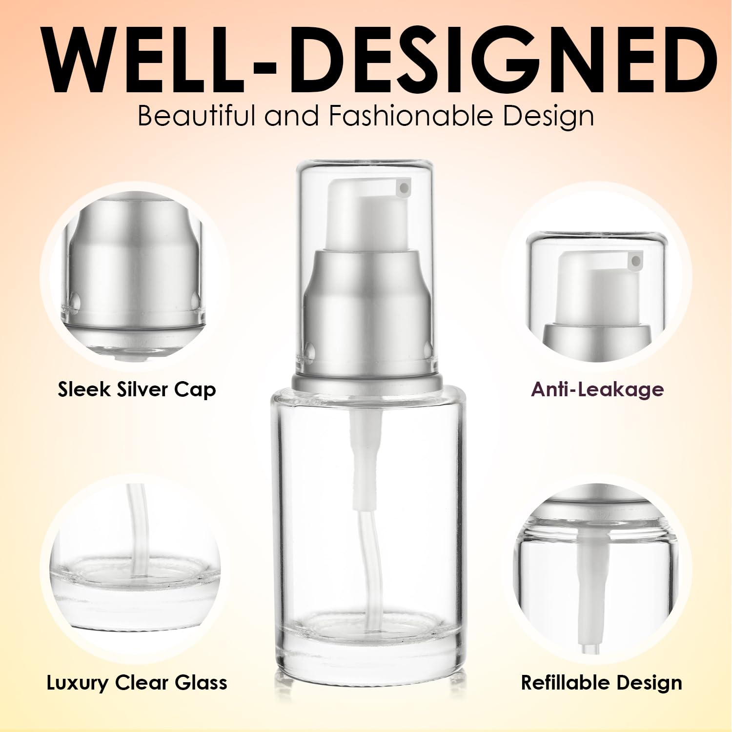 VitalUp 1 Oz 30ml Refillable Glass Lotion Pump Bottle with Silver Cap – Pack of 3