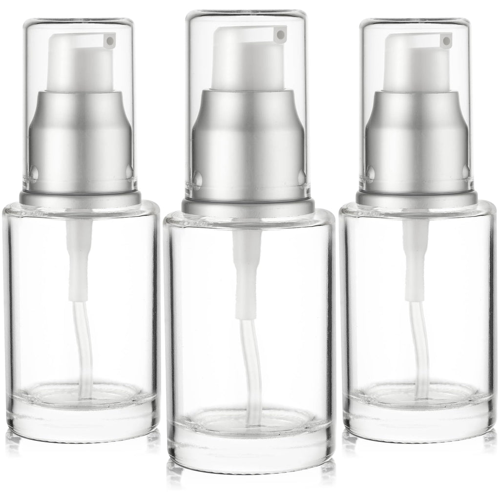 VitalUp 1 Oz 30ml Refillable Glass Lotion Pump Bottle with Silver Cap – Pack of 3