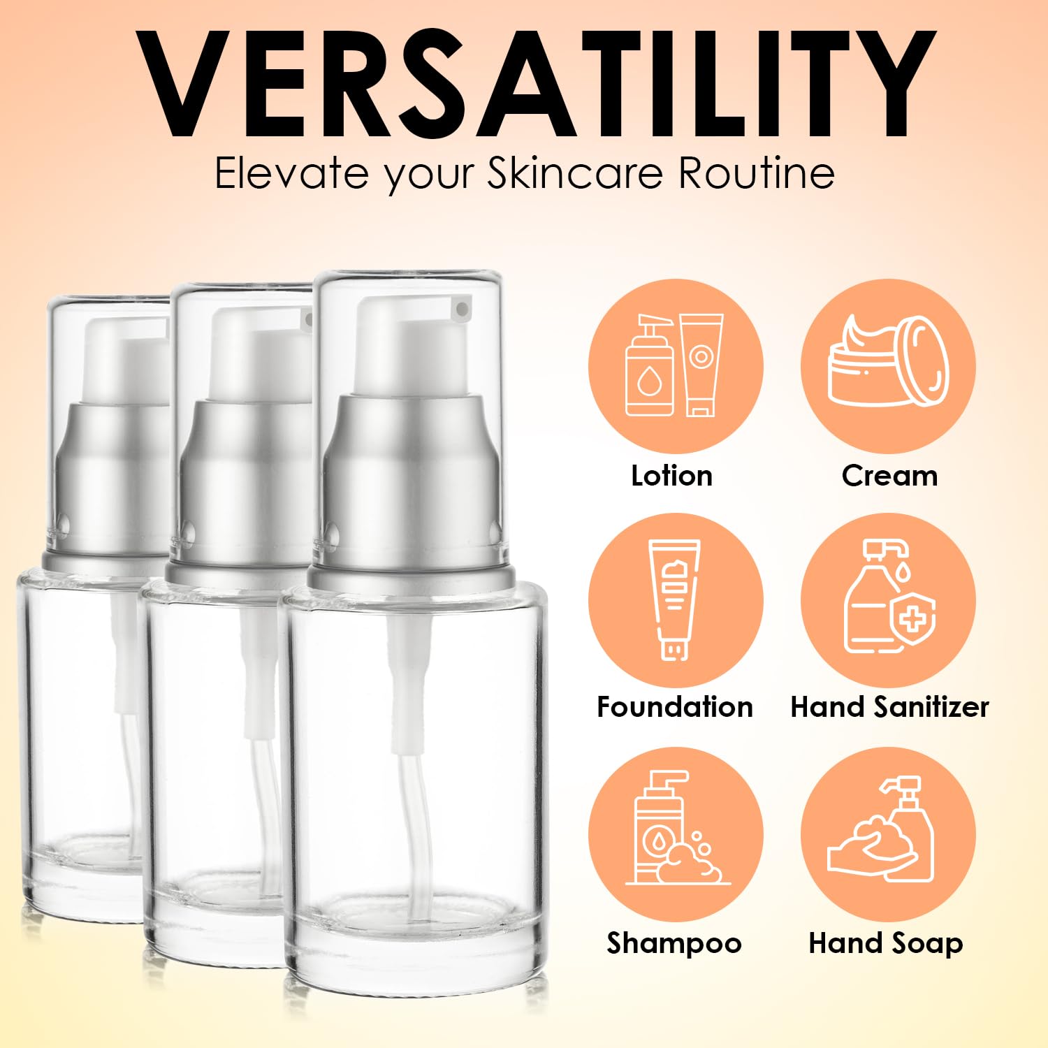VitalUp 1 Oz 30ml Refillable Glass Lotion Pump Bottle with Silver Cap – Pack of 3