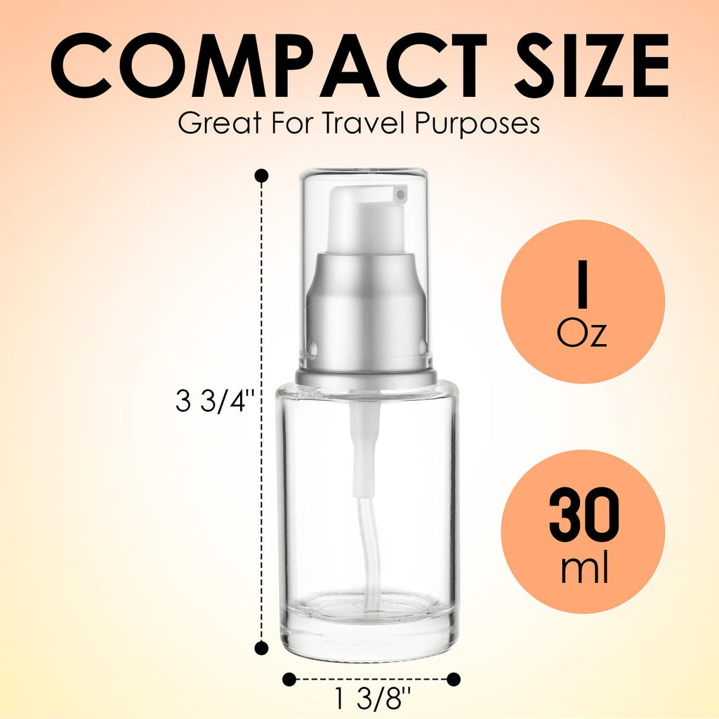 VitalUp 1 Oz 30ml Refillable Glass Lotion Pump Bottle with Silver Cap – Pack of 3