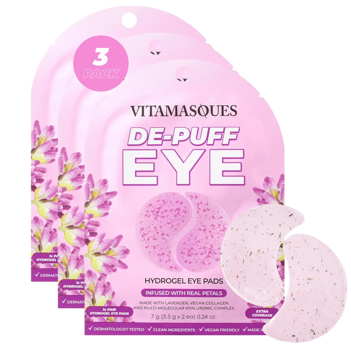 Vitamasques De-Puff Hydrogel Eye Pads – Lavender & Vegan Collagen (Pack of 3)