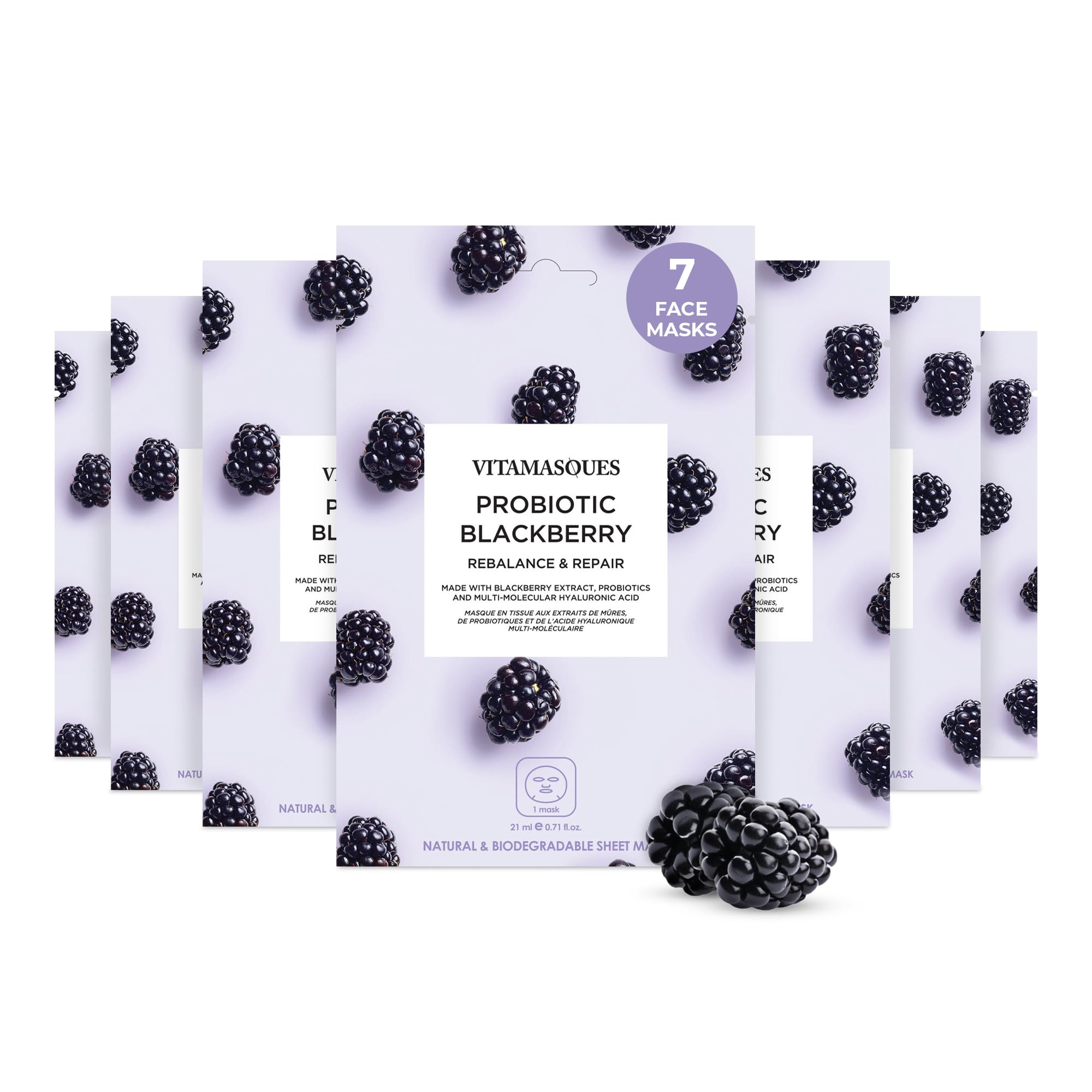 Vitamasques Probiotic Blackberry Face Sheet Mask 7-Pack – Hydration, MMHA & Biodegradable Korean Skincare