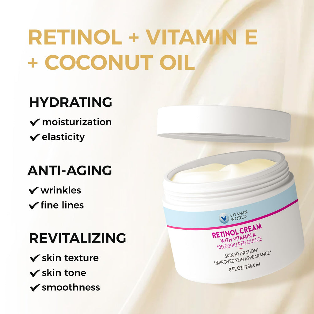 Vitamin World Retinol Cream 100,000 IU | Gentle Night Cream with Retinyl Palmitate, Coconut Oil & Vitamin E