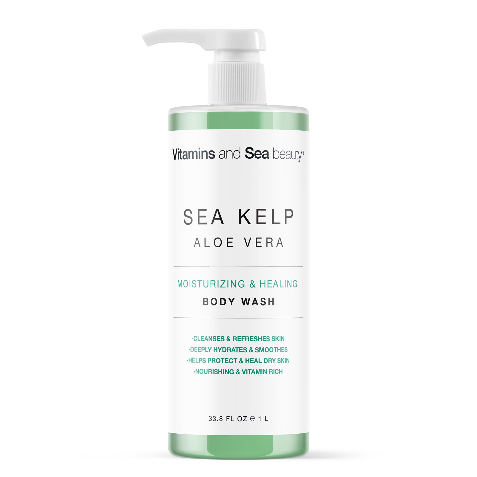 VITAMINS AND SEA BEAUTY Moisturizing Body Wash with Sea Kelp & Aloe Vera – Hydrating Shower Gel (33.8 fl oz)