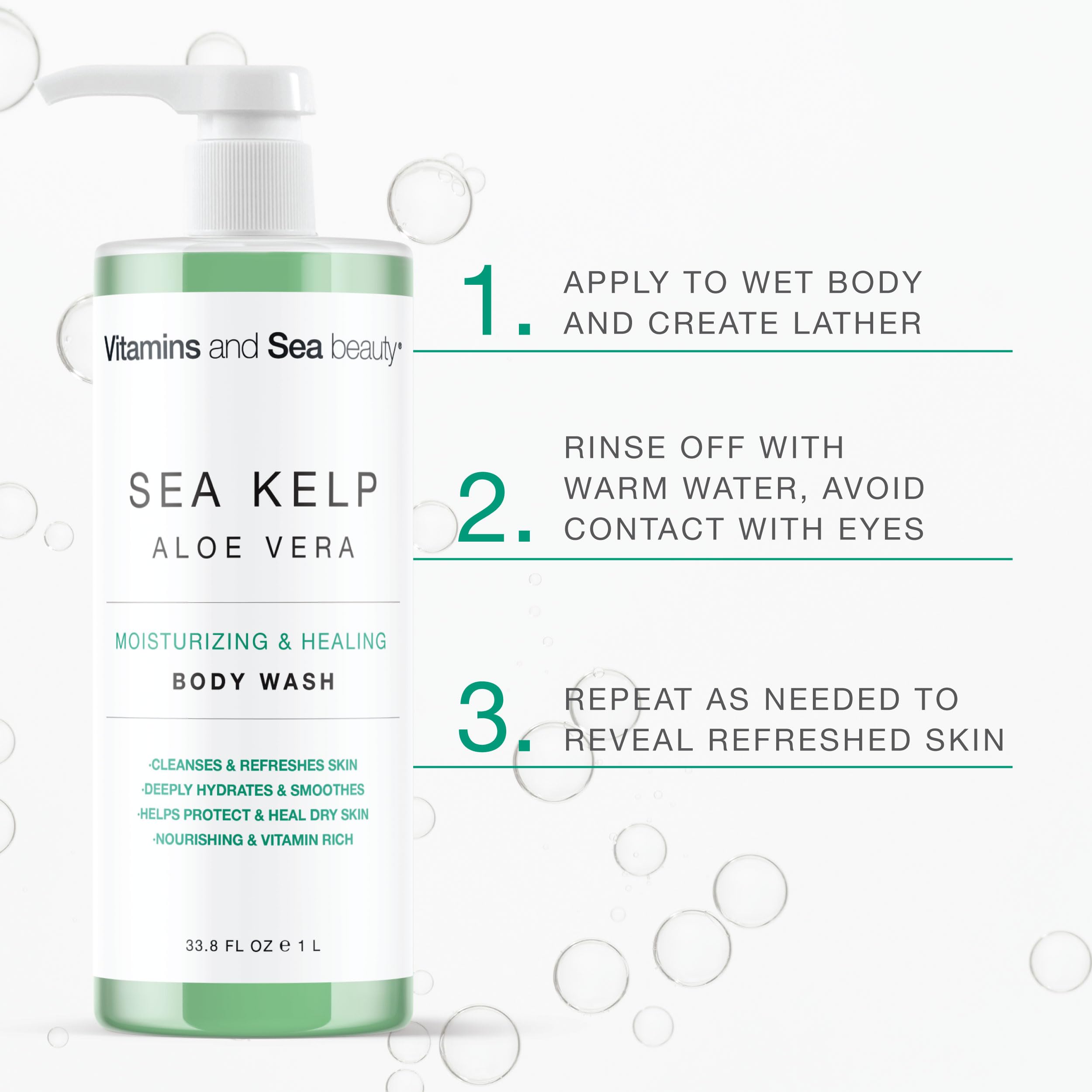VITAMINS AND SEA BEAUTY Moisturizing Body Wash with Sea Kelp & Aloe Vera – Hydrating Shower Gel (33.8 fl oz)