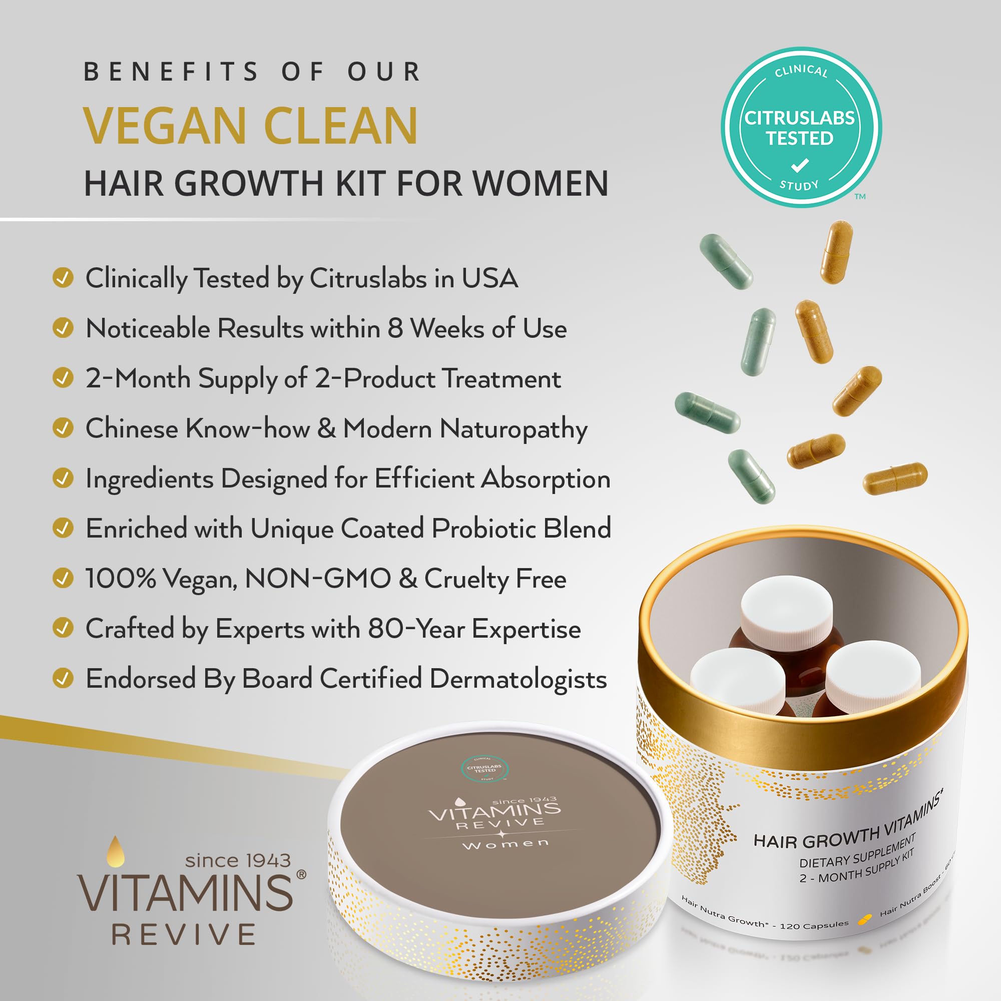 VITAMINS REVIVE Hair Supplement for Women – Clinically Tested Hair Growth Vitamins USA | Thinning & Thickening