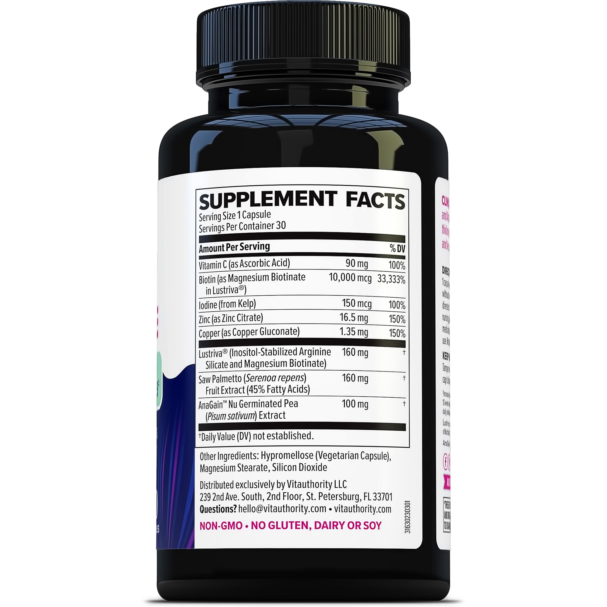 Vitauthority Lustriva Hair Growth Supplement for Women | Thicker, Fuller Hair with DHT Blocker Vitamins | 30 Capsules