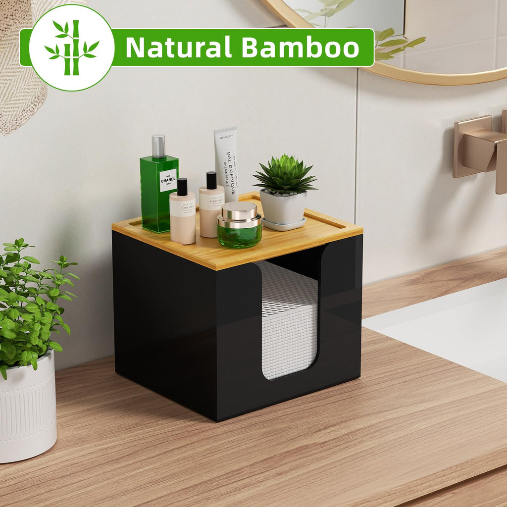 VITVITI Disposable Face Towel Holder Box – Acrylic & Bamboo Lid, Large Towel Storage – Black