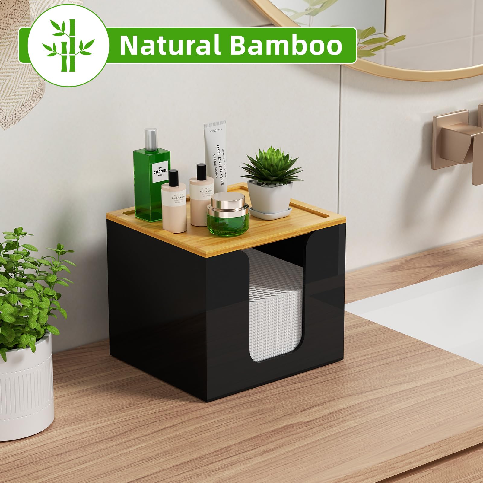 VITVITI Disposable Face Towel Holder Box – Acrylic & Bamboo Lid, Large Towel Storage – Black