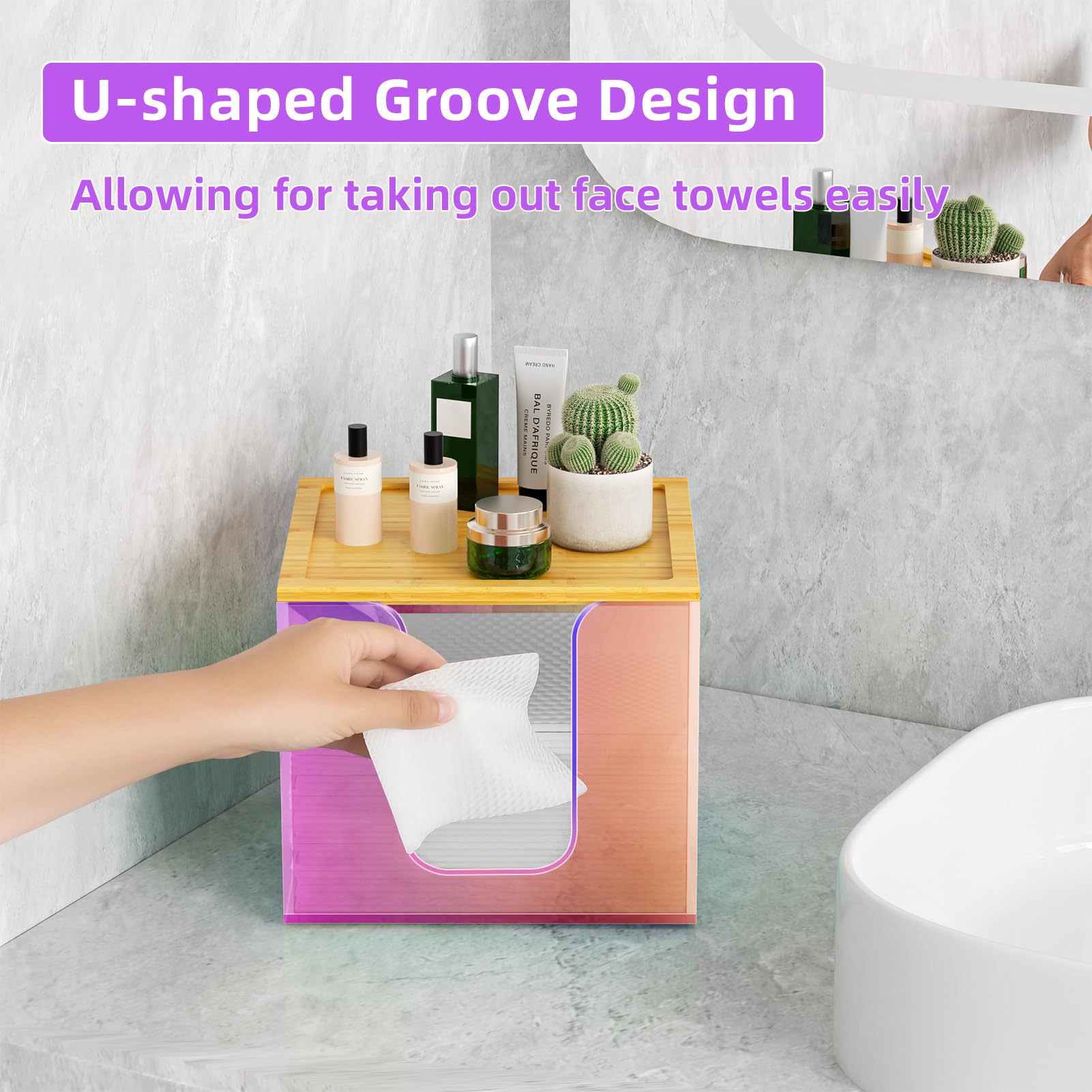 VITVITI Disposable Face Towel Holder Box – Acrylic Towel Storage with Bamboo Lid