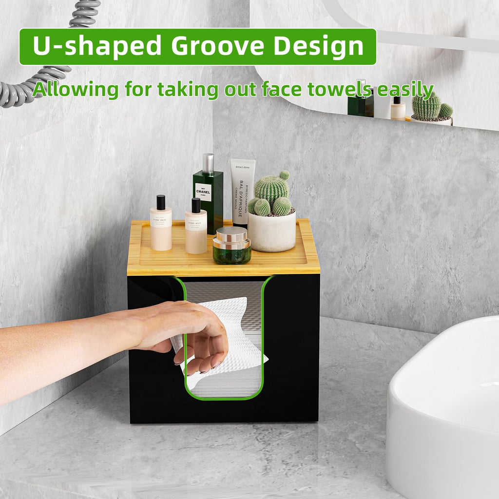 VITVITI Disposable Face Towel Holder Box – Acrylic & Bamboo Lid, Large Towel Storage – Black