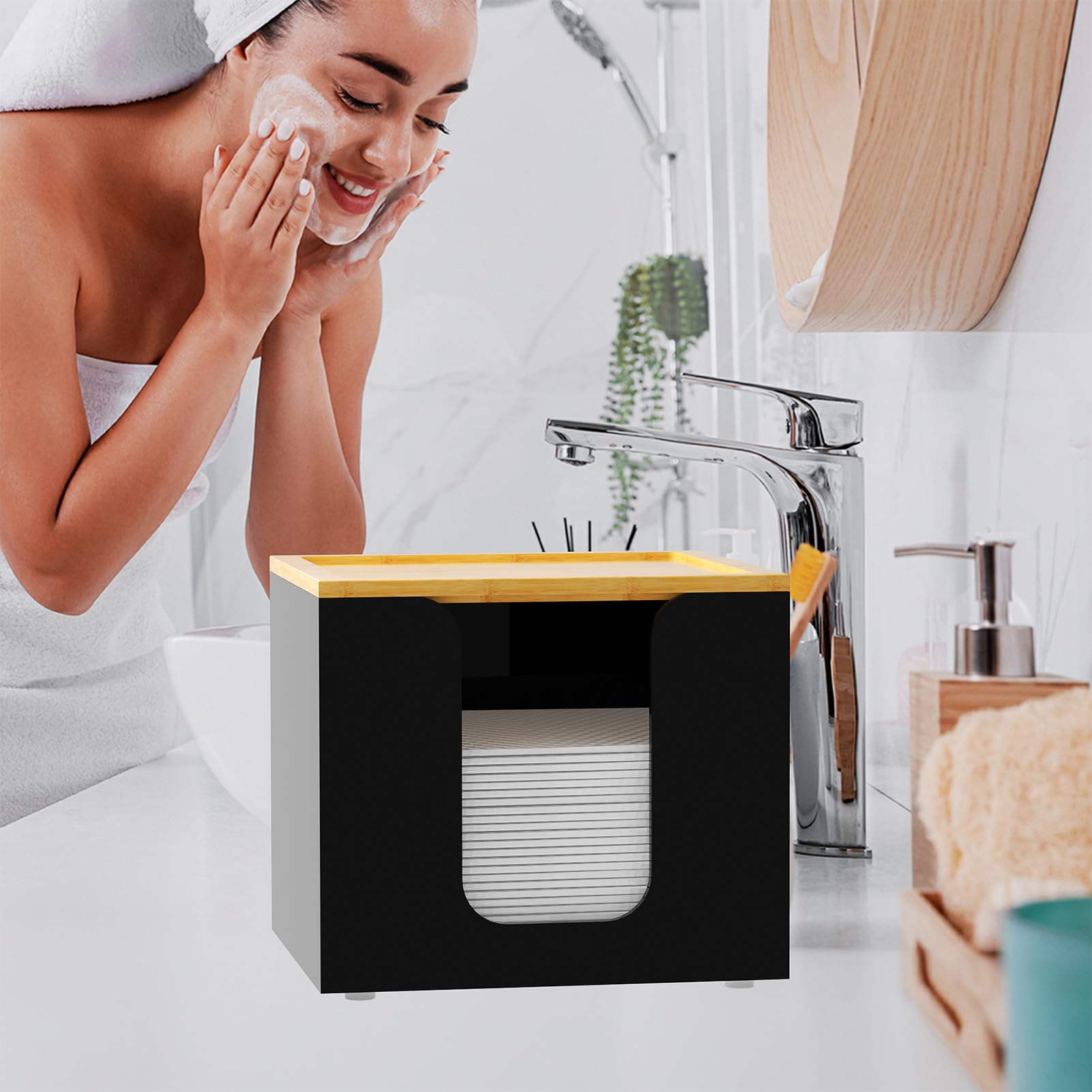 VITVITI Disposable Face Towel Holder Box – Acrylic & Bamboo Lid, Large Towel Storage – Black