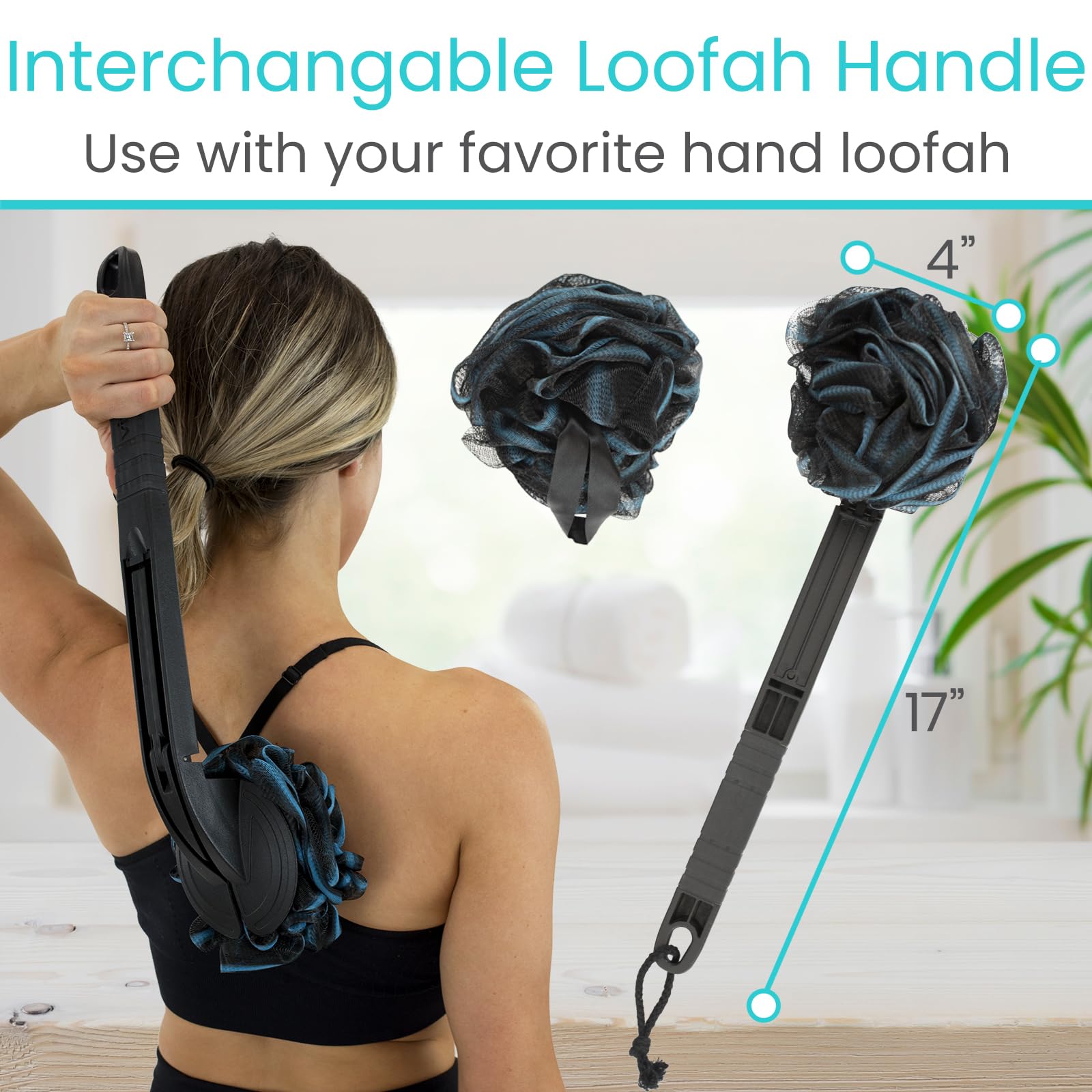 Vive Long Handled Loofah Stick – Extended Reach Bath Scrubber with Extra Pouf