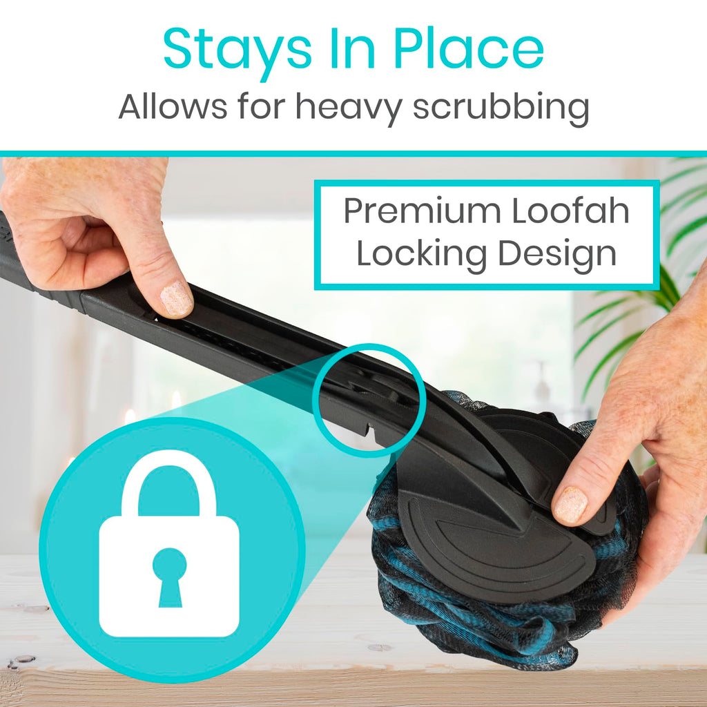 Vive Long Handled Loofah Stick – Extended Reach Bath Scrubber with Extra Pouf