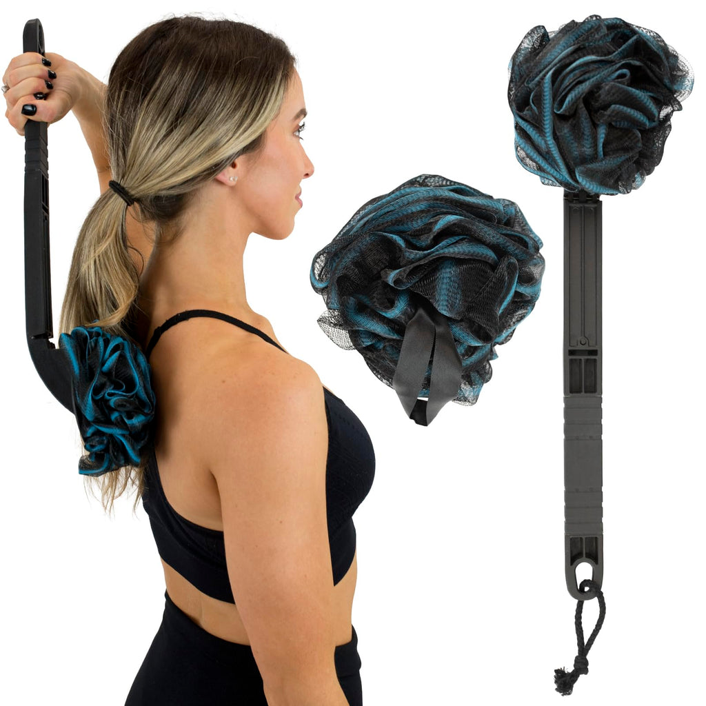 Vive Long Handled Loofah Stick – Extended Reach Bath Scrubber with Extra Pouf