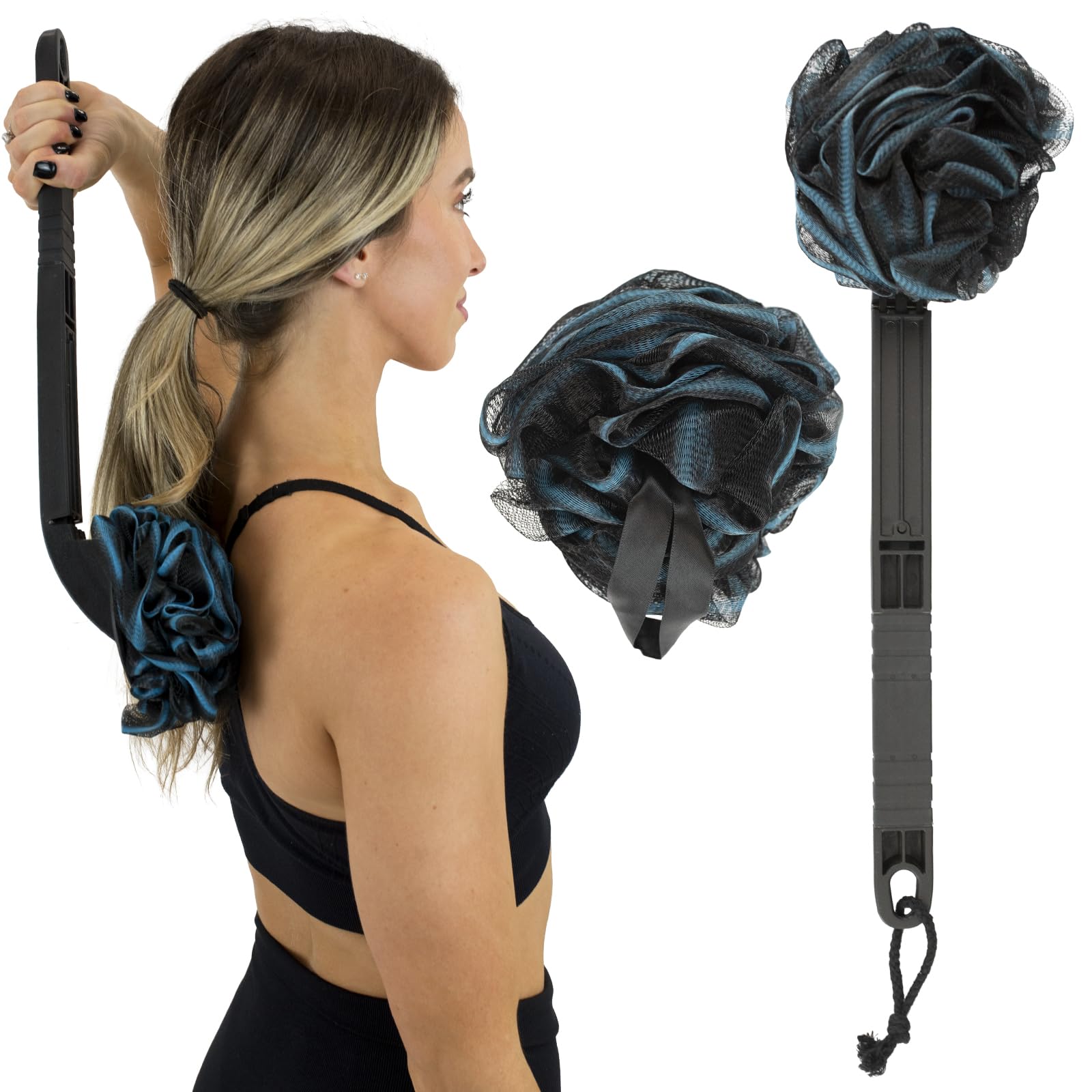 Vive Long Handled Loofah Stick – Extended Reach Bath Scrubber with Extra Pouf
