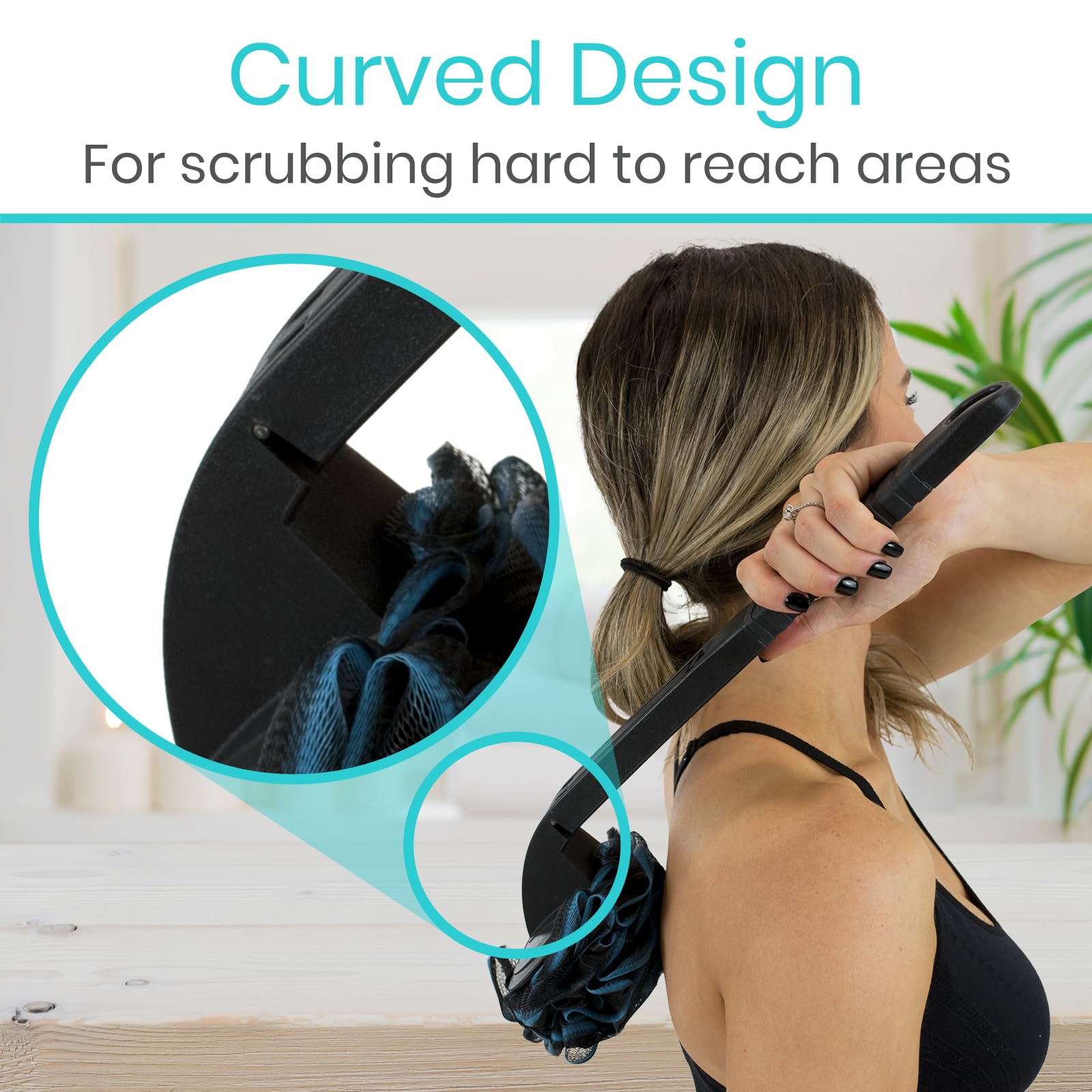 Vive Long Handled Loofah Stick – Extended Reach Bath Scrubber with Extra Pouf