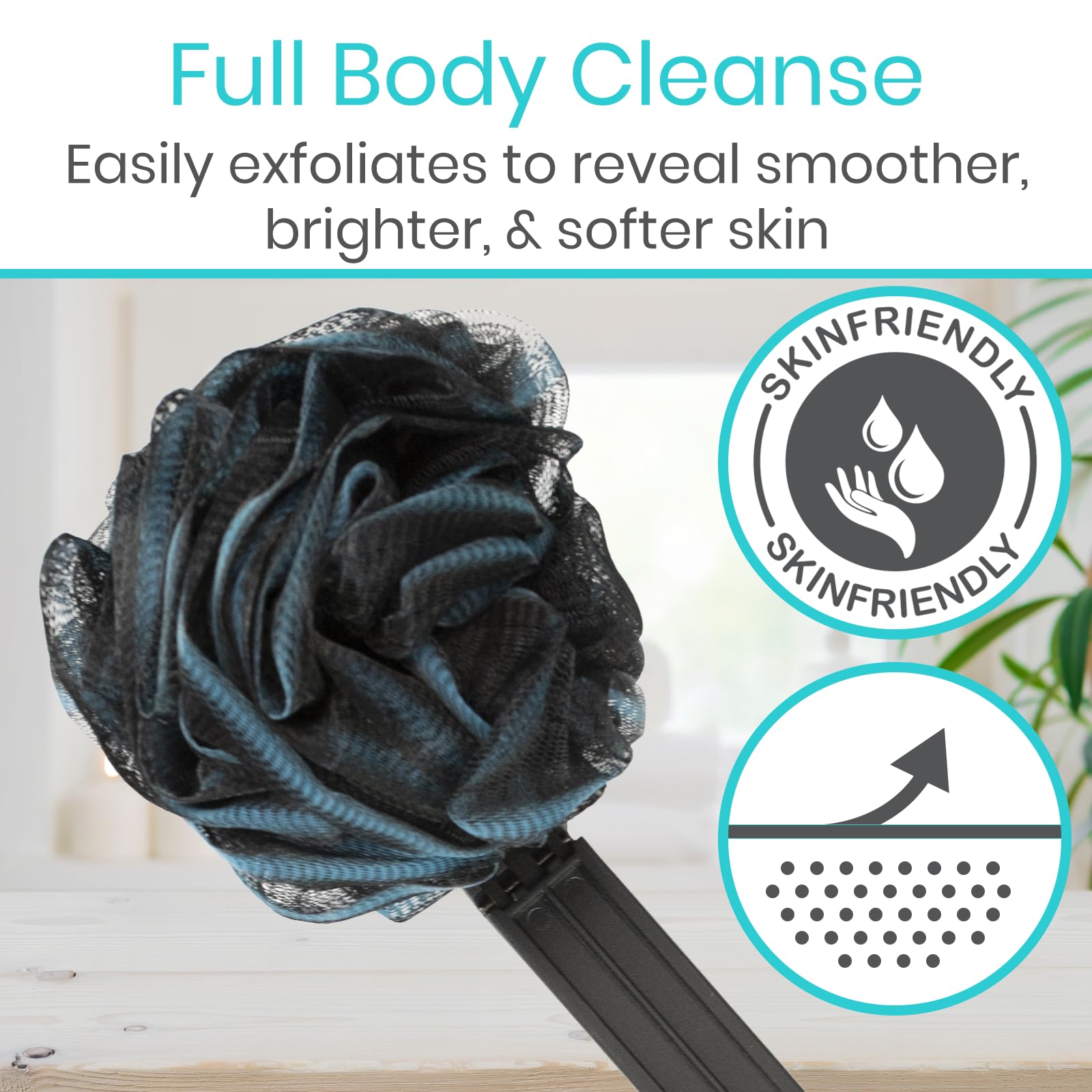 Vive Long Handled Loofah Stick – Extended Reach Bath Scrubber with Extra Pouf