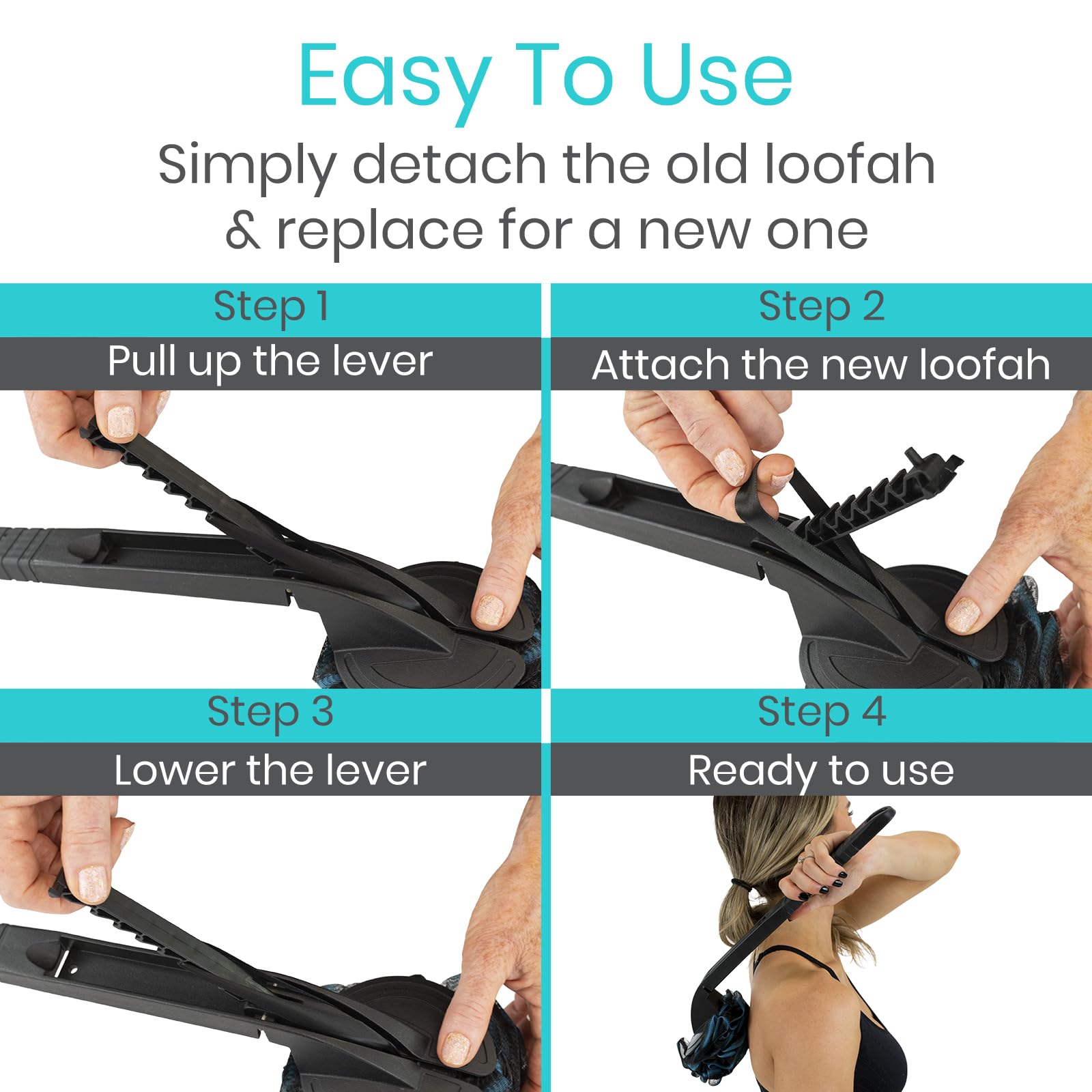 Vive Long Handled Loofah Stick – Extended Reach Bath Scrubber with Extra Pouf
