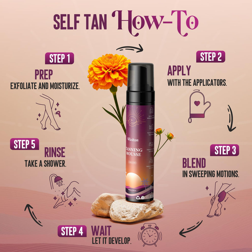 VIVITAN Self Tanner Mousse Kit – 250mL XL + Pro Tools | 1-Hour Express Bronze, No Orange