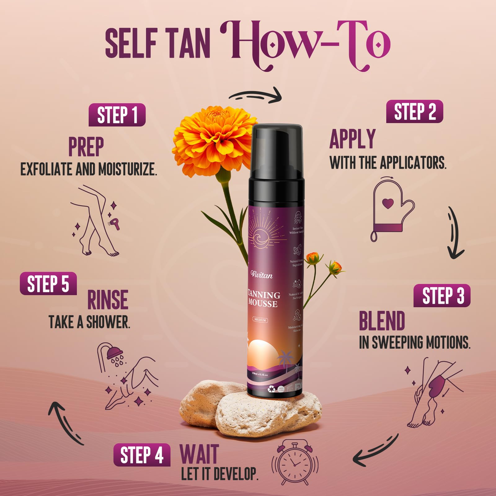 VIVITAN Self Tanner Mousse – Medium Bronze Sunless Tan, Vegan, Odorless, Buildable Glow