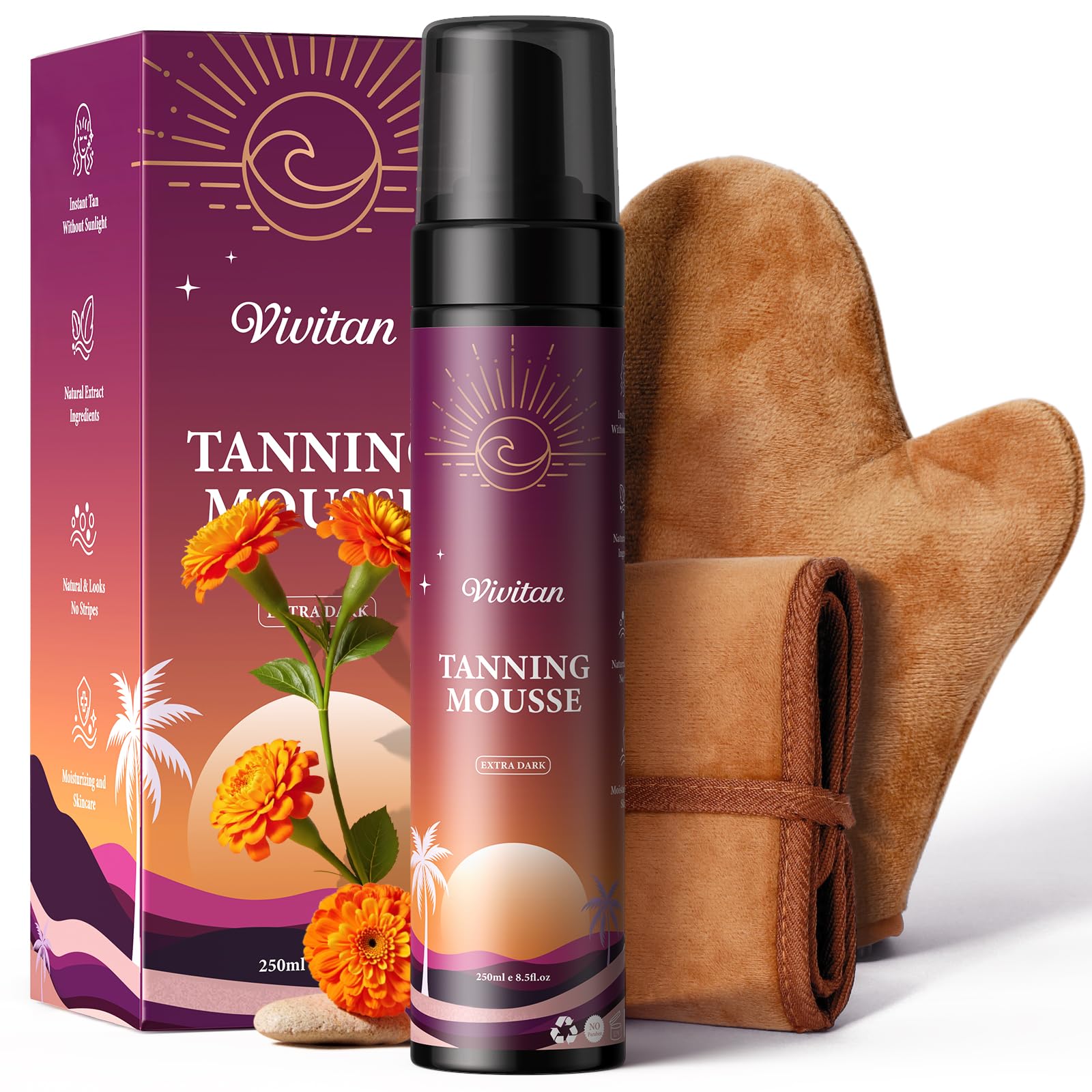 VIVITAN Self Tanner Mousse Kit – 250mL XL + Pro Tools | 1-Hour Express Bronze, No Orange