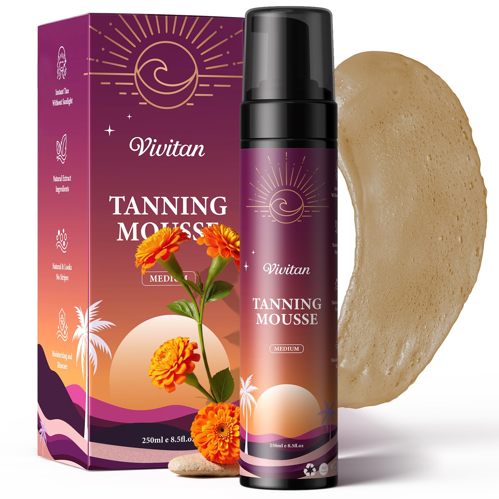 VIVITAN Self Tanner Mousse – Medium Bronze Sunless Tan, Vegan, Odorless, Buildable Glow