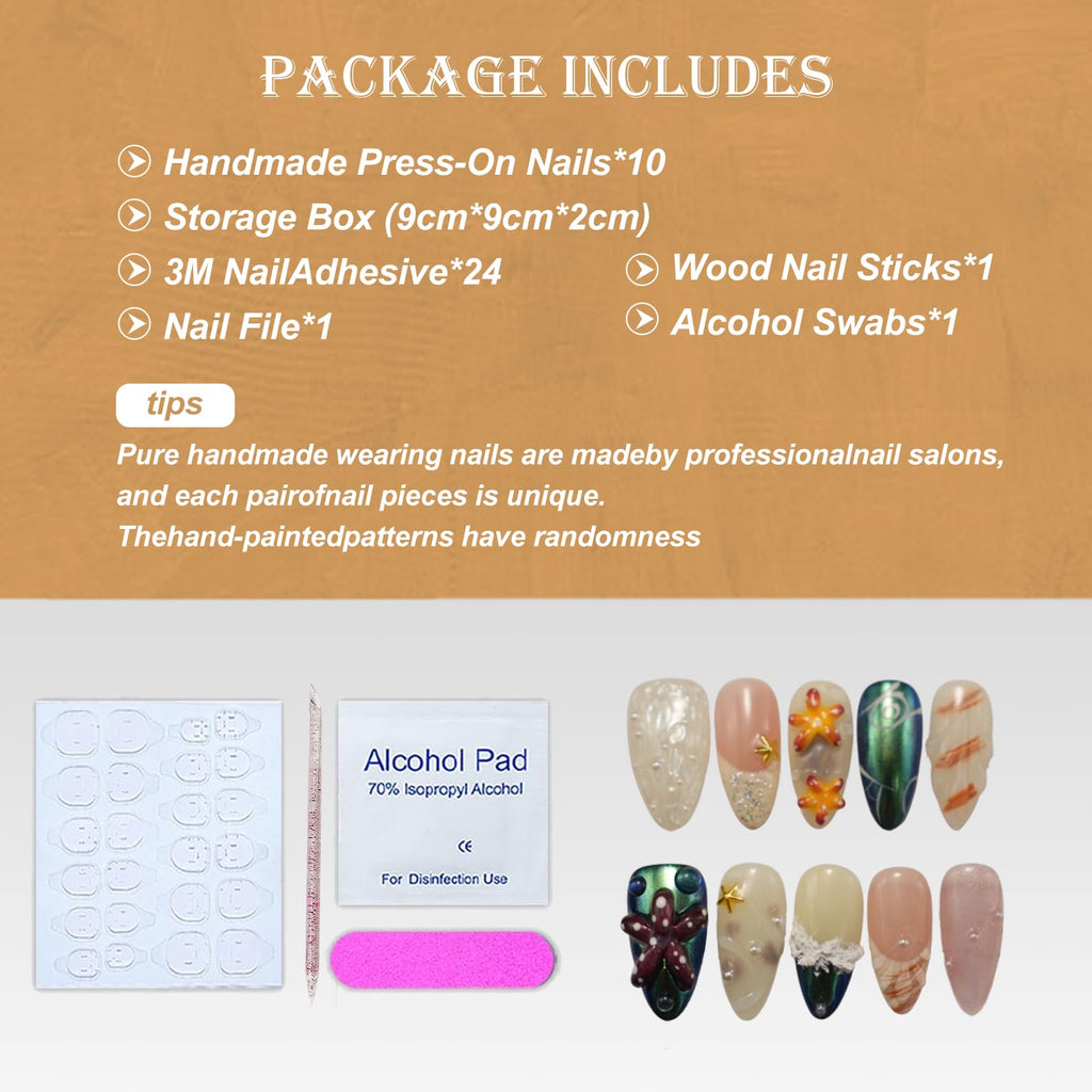 Vlazryk Flower Press Nails – Medium Almond, 3D Ripple Pearl with Gold Chrome Tips