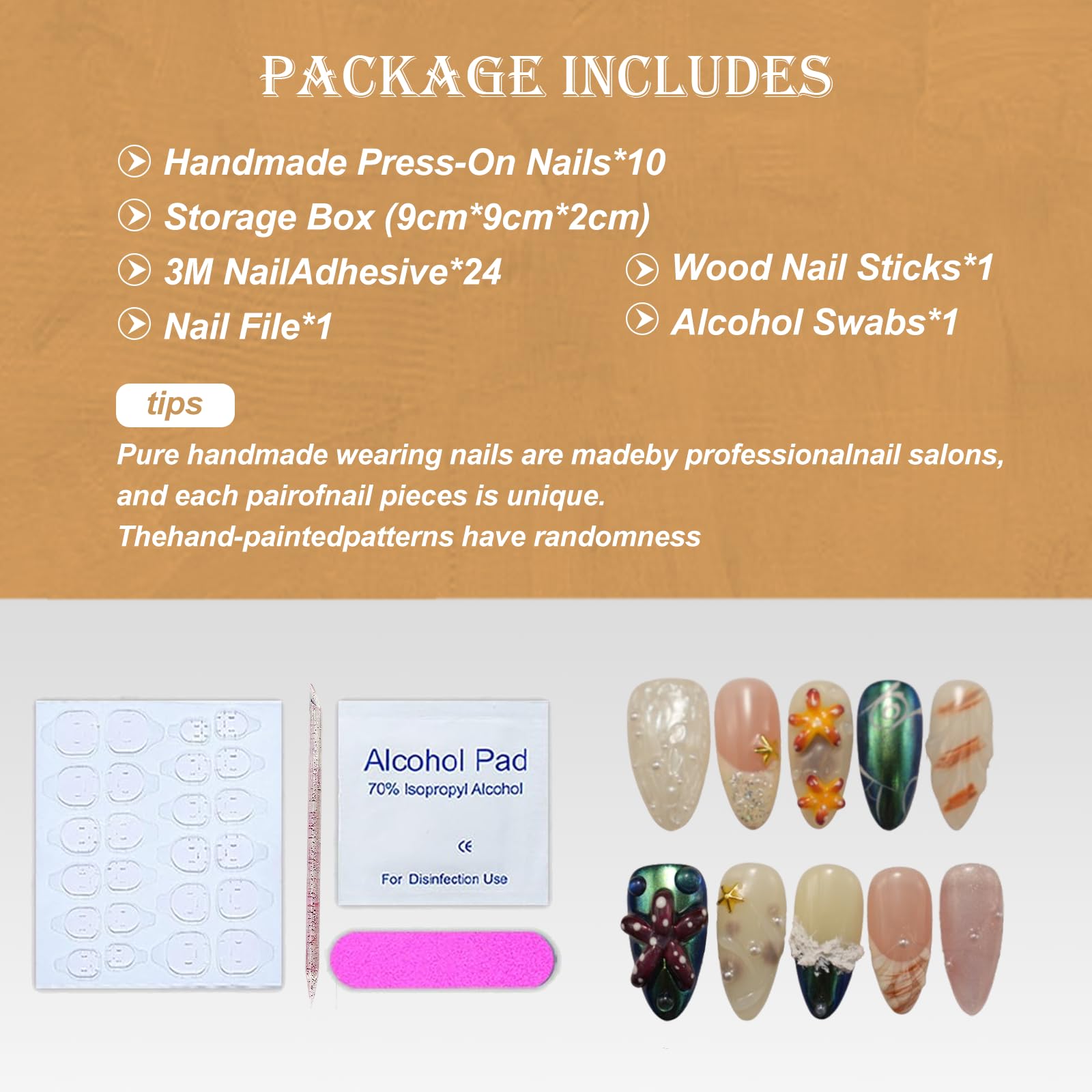 Vlazryk Flower Press Nails – Medium Almond, 3D Ripple Pearl with Gold Chrome Tips