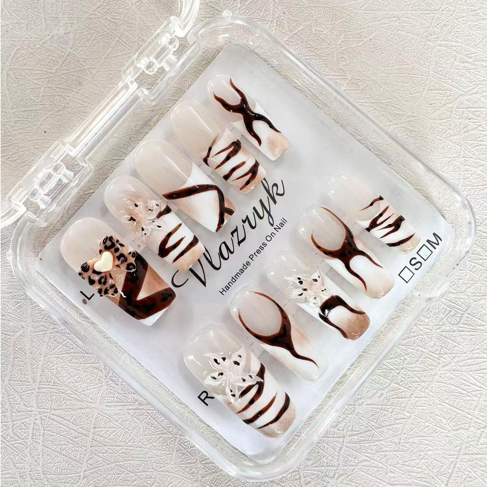 Vlazryk Handmade Press-On Nails with Charms – Long Square French Tips, Stars, Leopard & 3D Flower Embossed Design