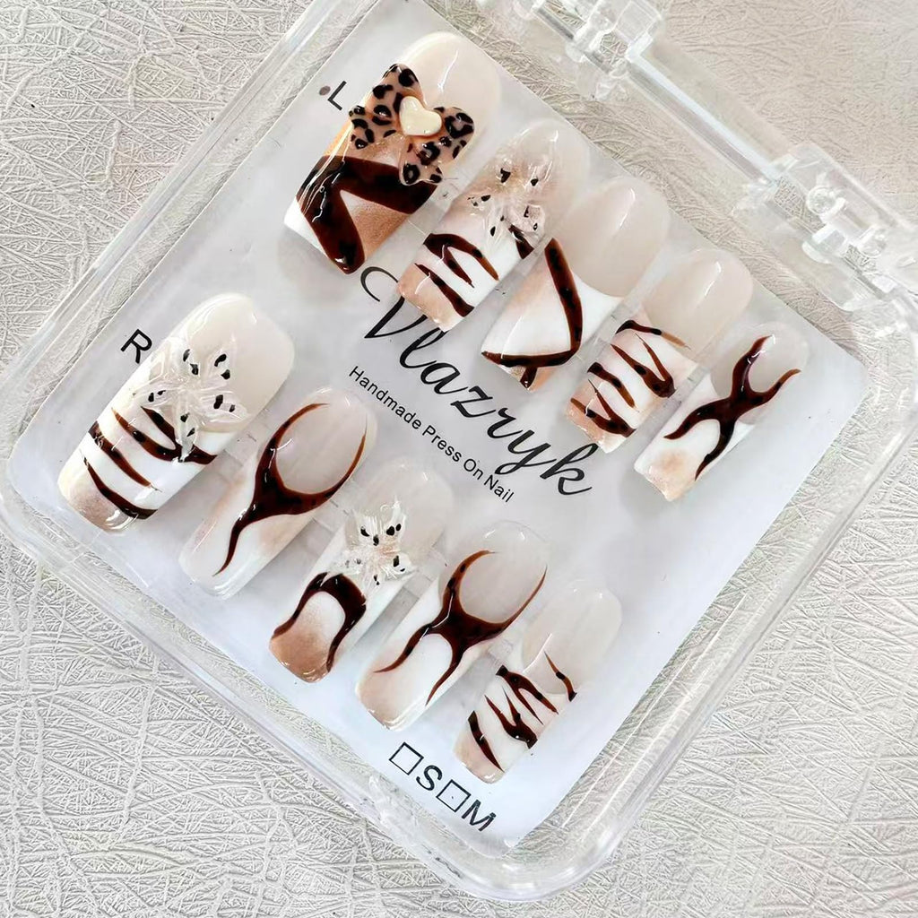 Vlazryk Handmade Press-On Nails with Charms – Long Square French Tips, Stars, Leopard & 3D Flower Embossed Design