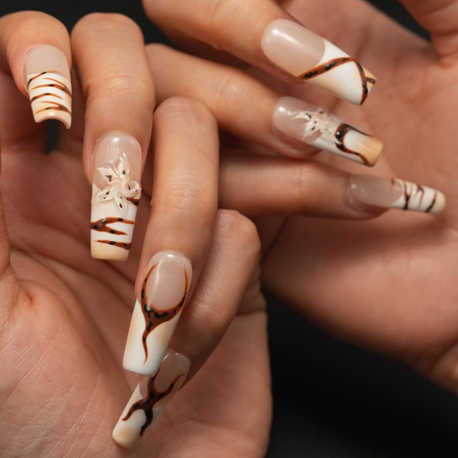 Vlazryk Handmade Press-On Nails with Charms – Long Square French Tips, Stars, Leopard & 3D Flower Embossed Design