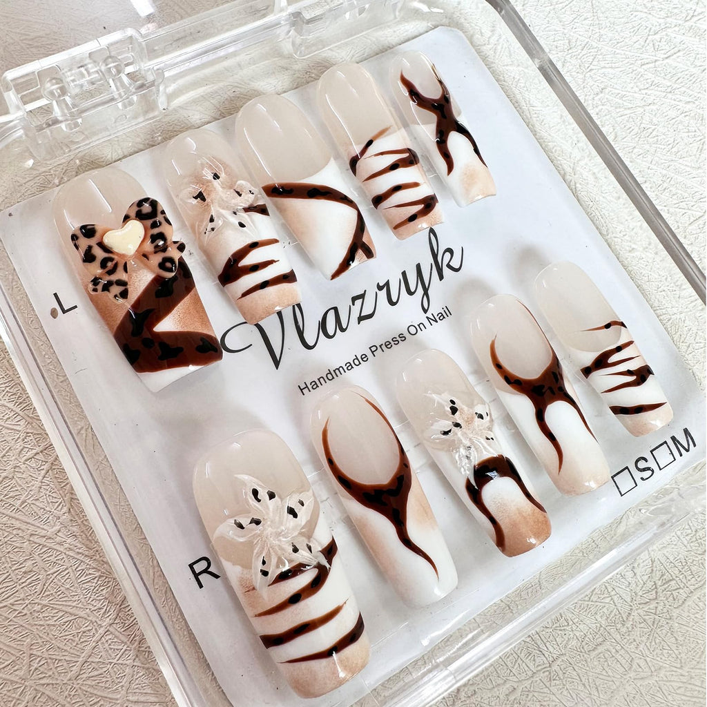 Vlazryk Handmade Press-On Nails with Charms – Long Square French Tips, Stars, Leopard & 3D Flower Embossed Design