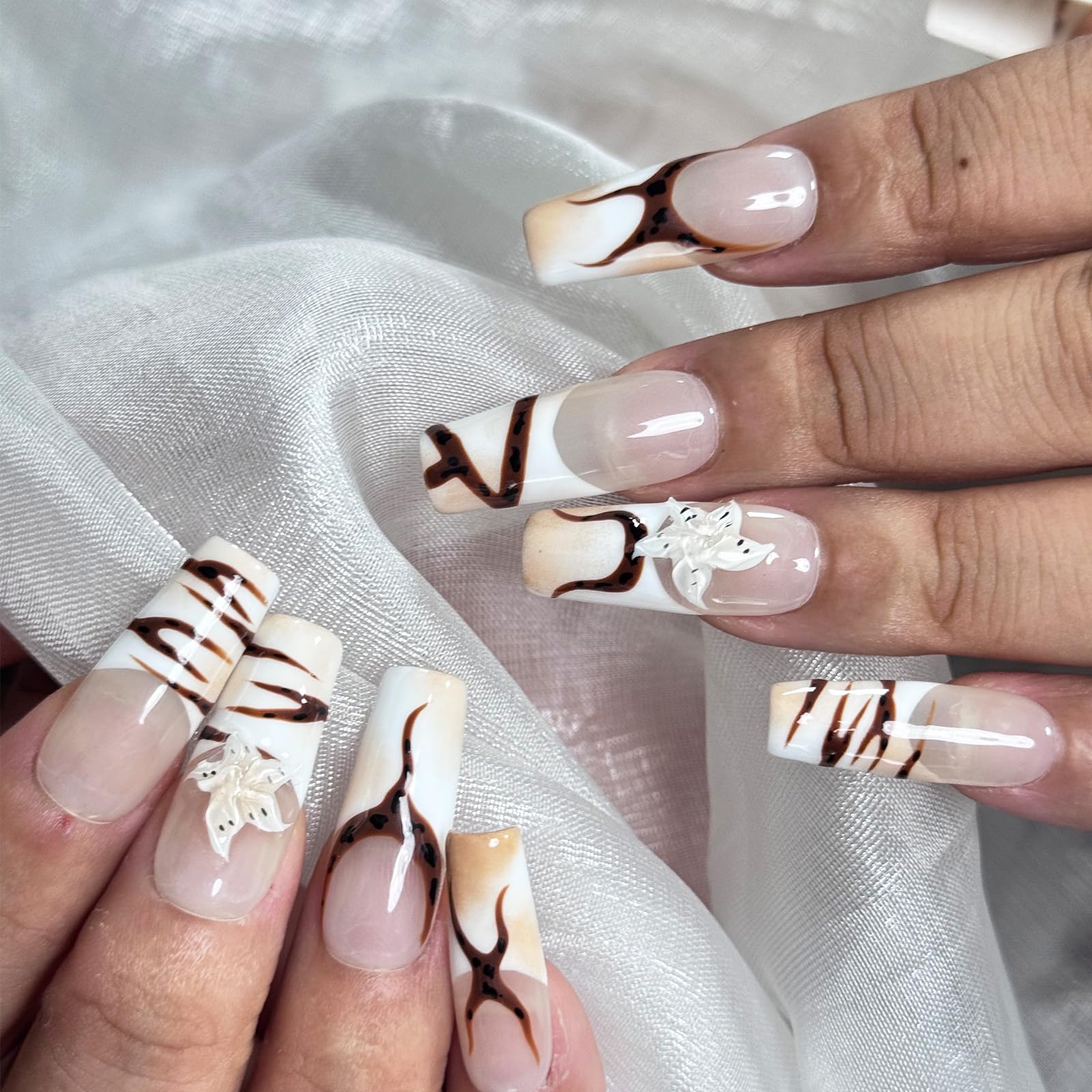 Vlazryk Handmade Press-On Nails with Charms – Long Square French Tips, Stars, Leopard & 3D Flower Embossed Design