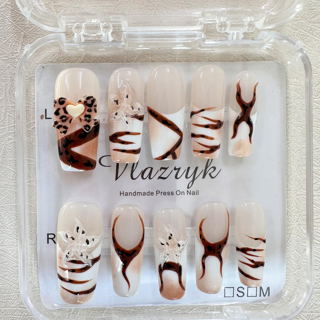 Vlazryk Handmade Press-On Nails with Charms – Long Square French Tips, Stars, Leopard & 3D Flower Embossed Design