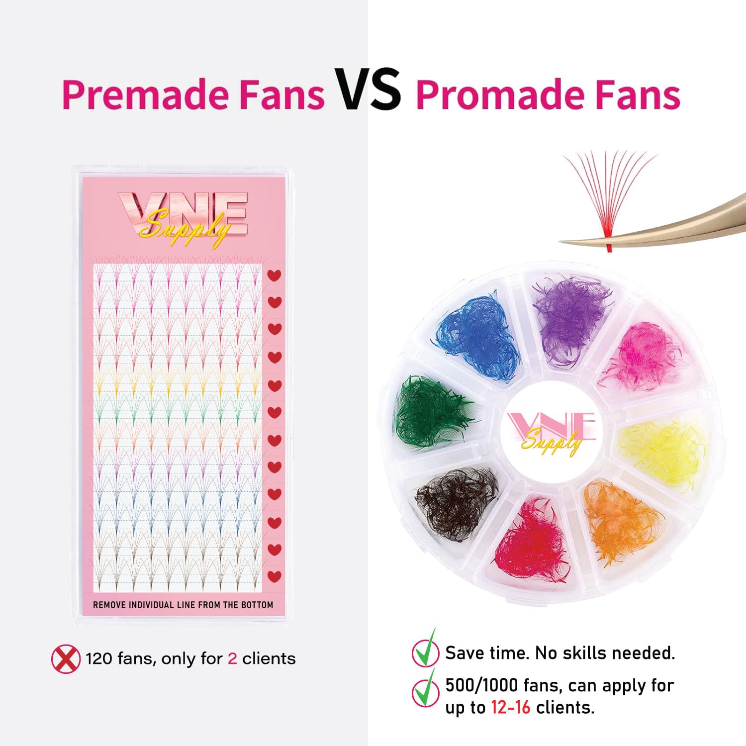 VNESUPPLY 501 Pcs Mixed Color Lash Extensions | Premade Russian Volume Lashes 16mm, 3D C Curl