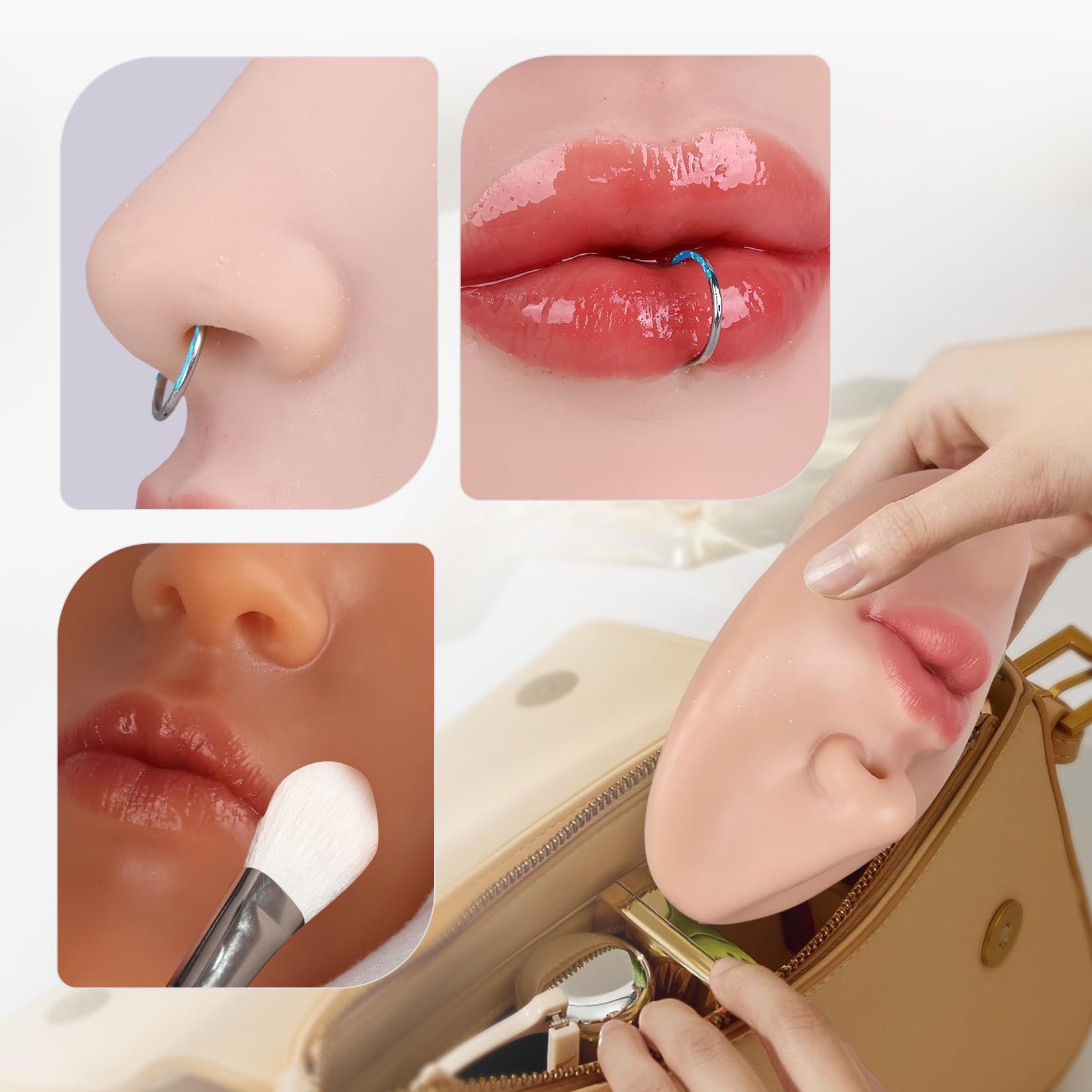 Vnmcry Silicone Nose & Mouth Practice Model | Realistic Lip & Nose Display for Piercing Training (Ivory, L-Thick Lip)