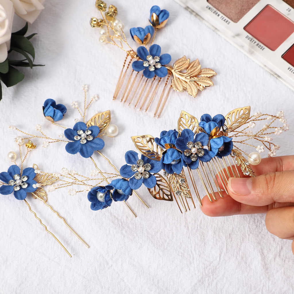 VOCOSTE 4 Pcs Rhinestone Hair Comb Set – Deep Blue Bridal Accessories