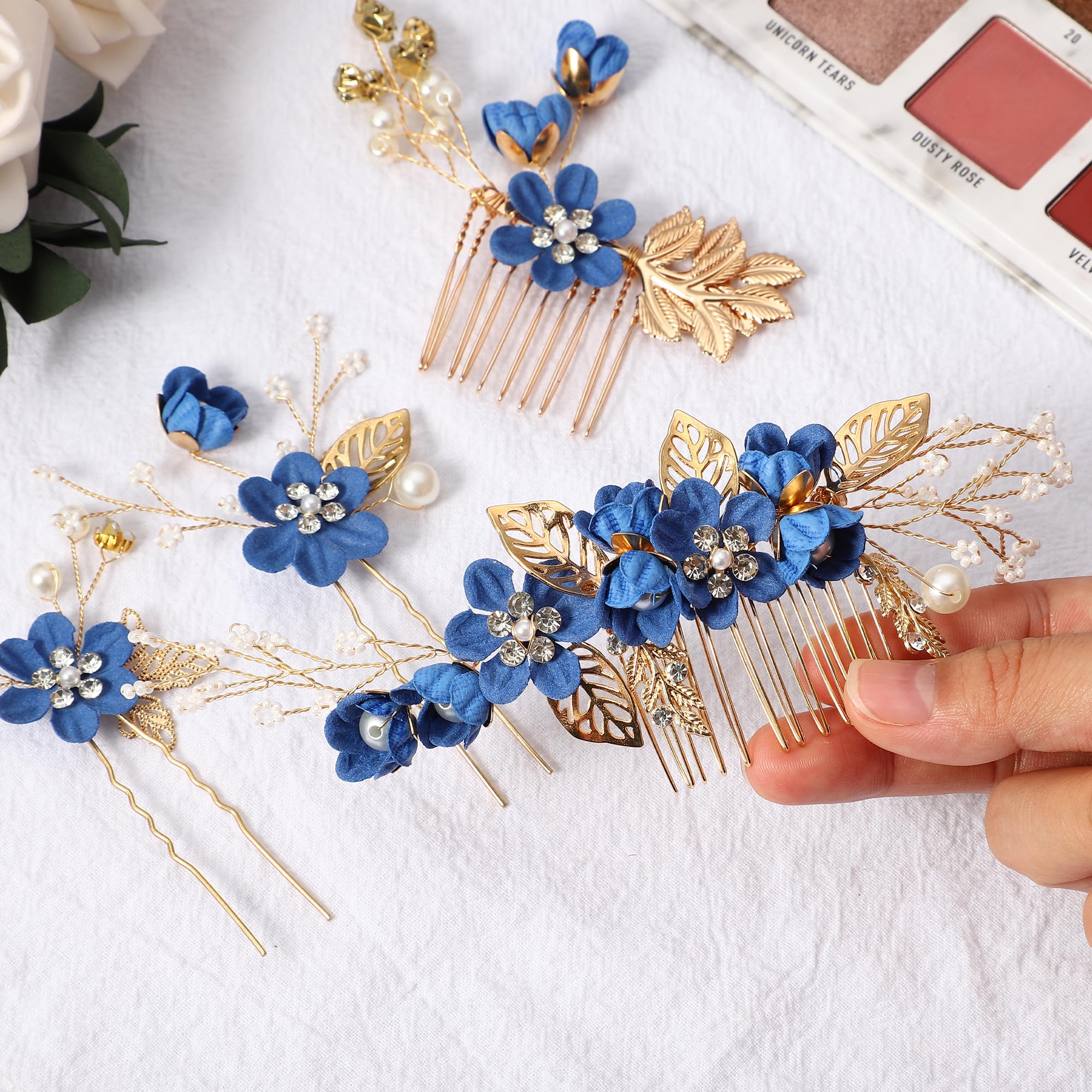VOCOSTE 4 Pcs Rhinestone Hair Comb Set – Deep Blue Bridal Accessories