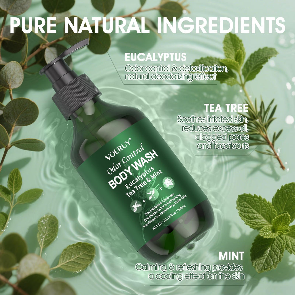 VOERUY Eucalyptus & Tea Tree Oil Deodorizing Body Wash – 24-Hour Odor Control, Vegan & Sulfate-Free