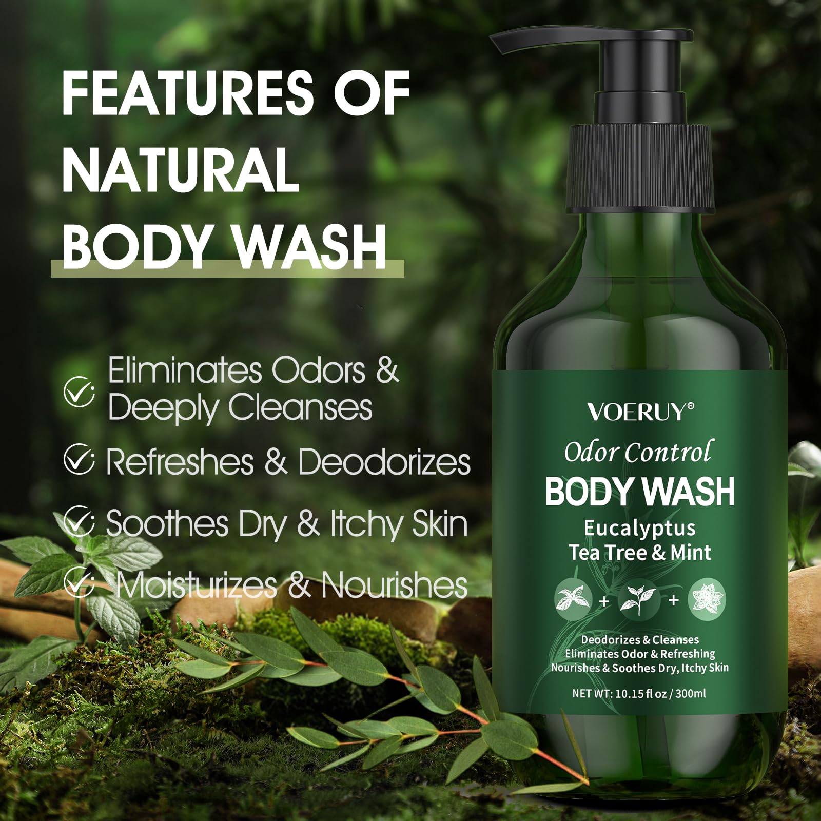 VOERUY Eucalyptus & Tea Tree Oil Deodorizing Body Wash – 24-Hour Odor Control, Vegan & Sulfate-Free