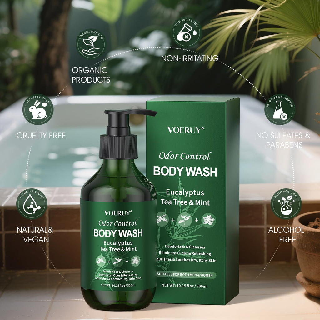 VOERUY Eucalyptus & Tea Tree Oil Deodorizing Body Wash – 24-Hour Odor Control, Vegan & Sulfate-Free