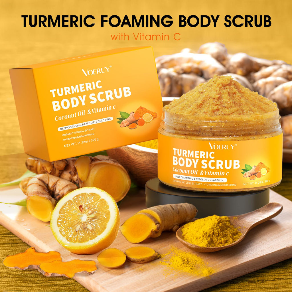 VOERUY Turmeric Body Scrub – Exfoliating Salt Scrub with Coconut Oil & Vitamin C, 11.28 oz