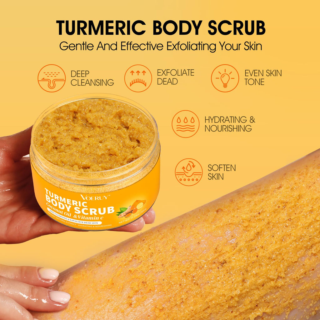 VOERUY Turmeric Body Scrub – Exfoliating Salt Scrub with Coconut Oil & Vitamin C, 11.28 oz