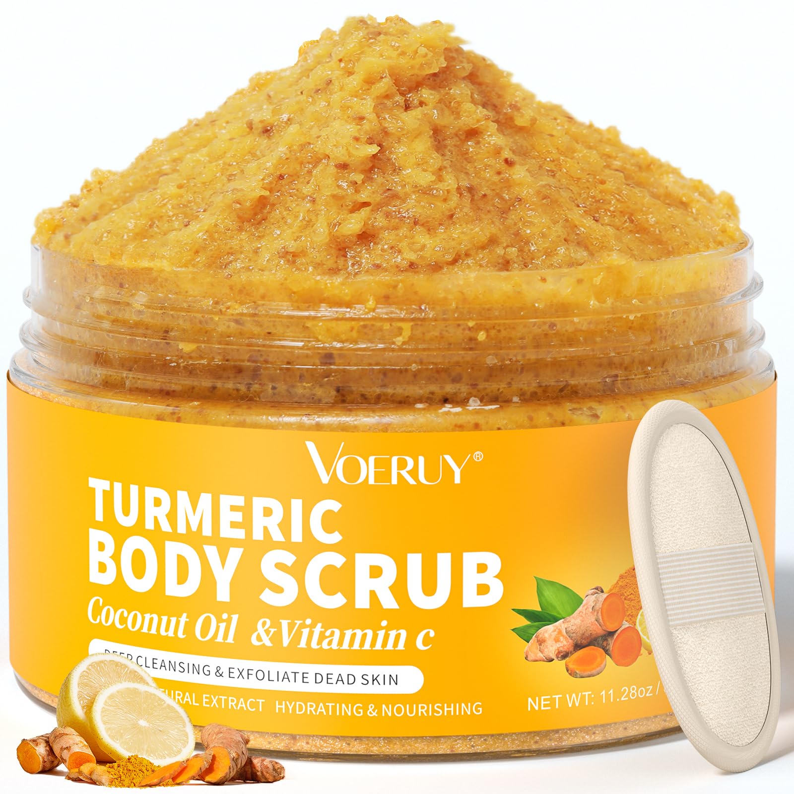 VOERUY Turmeric Body Scrub – Exfoliating Salt Scrub with Coconut Oil & Vitamin C, 11.28 oz